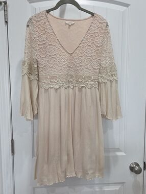 Easel Beige Lace Babydoll Mini Dress Boho,  Small